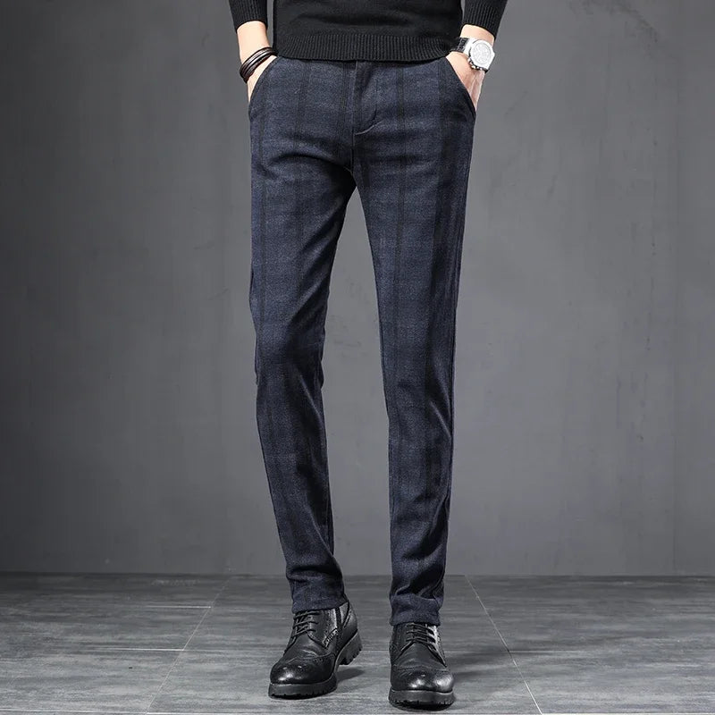 Dark Plaid Casual Slim Fit Trousers