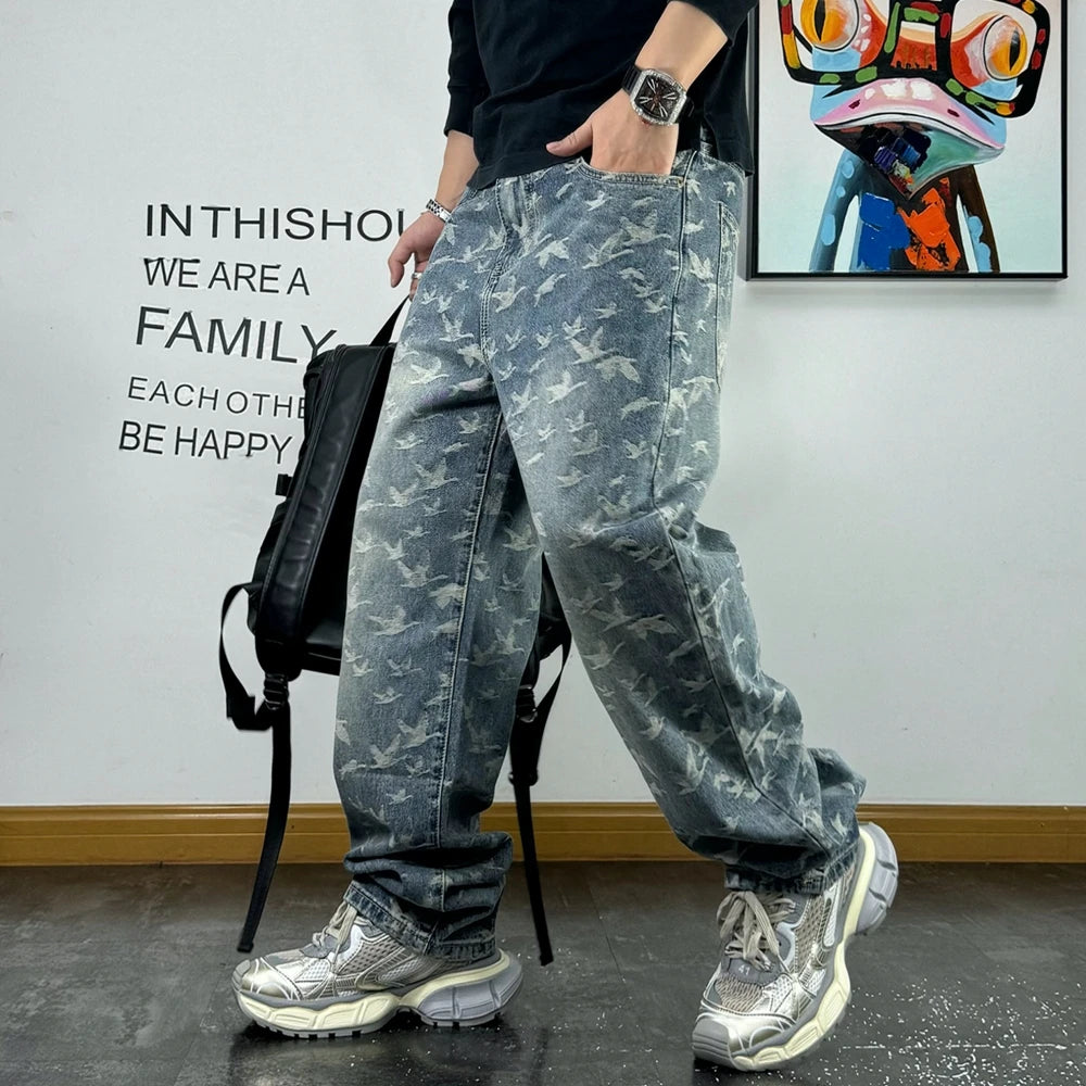 Urban Bird Print Loose-Fit Jeans