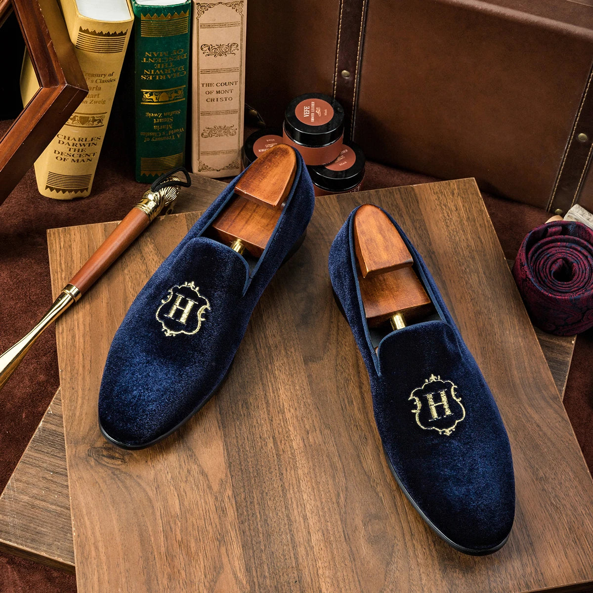 H Letter Embroidery Velvet Loafers