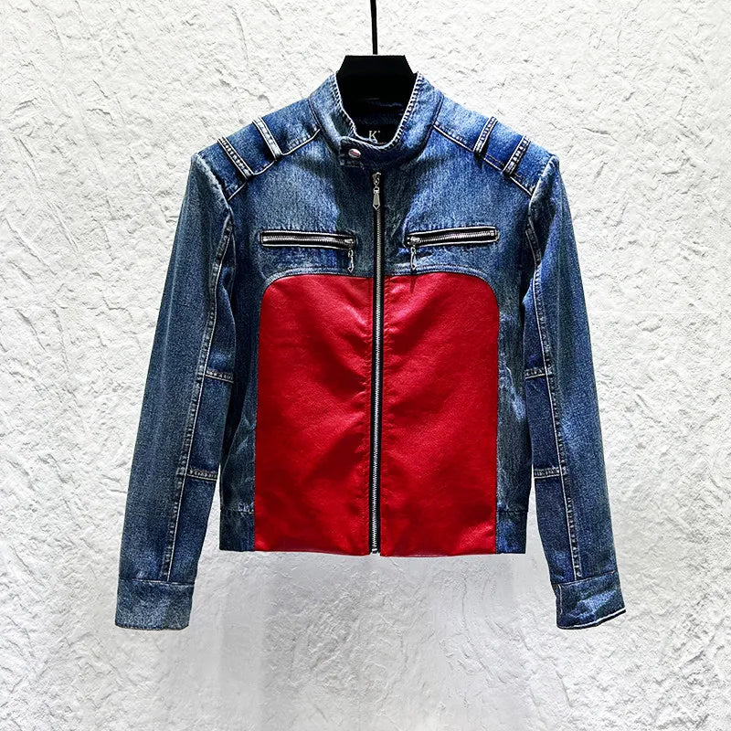 Patchwork Spliced Denim Motor Jacket