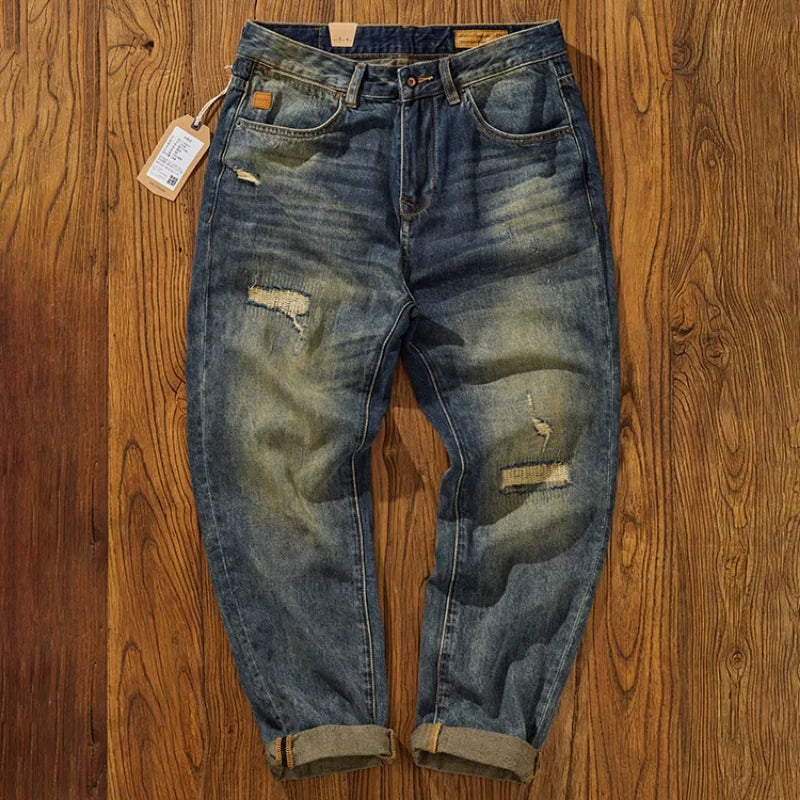 Washed Distressed Tappered Leg Jeans
