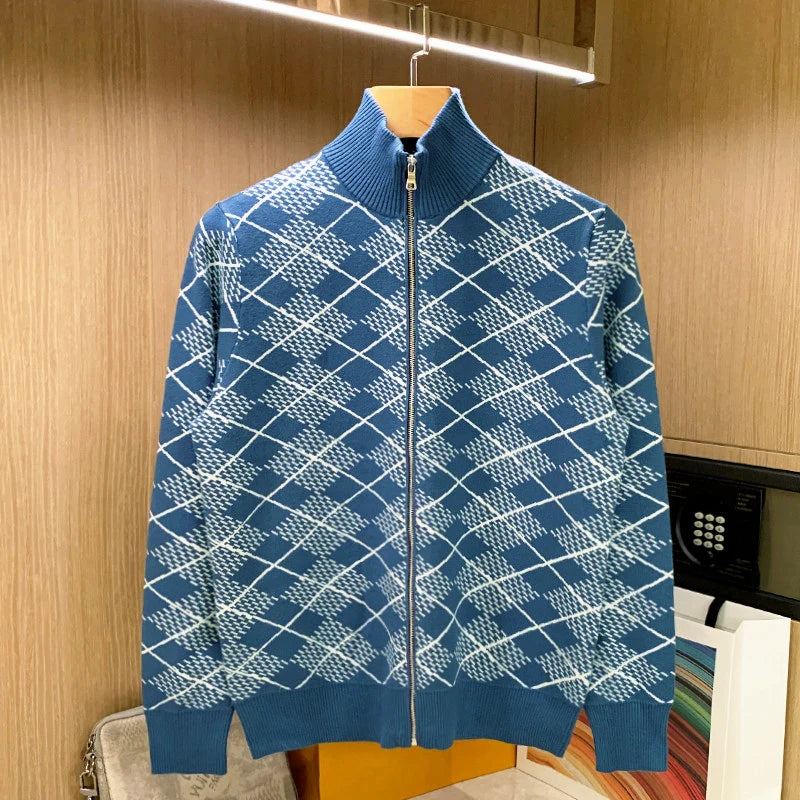 Half-High-Neck Slim Plaid Cardigan