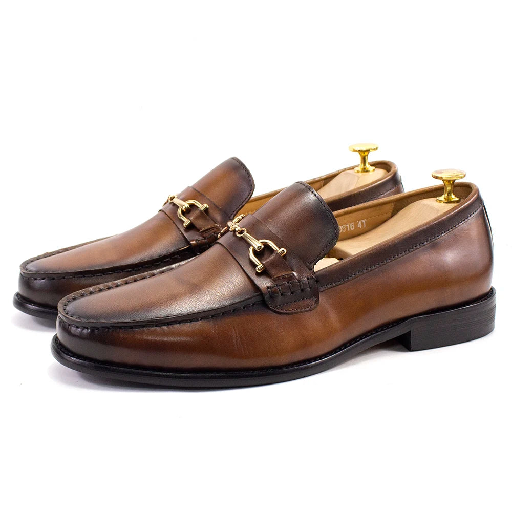 Metal Chain Round-Toe Leather Loafers