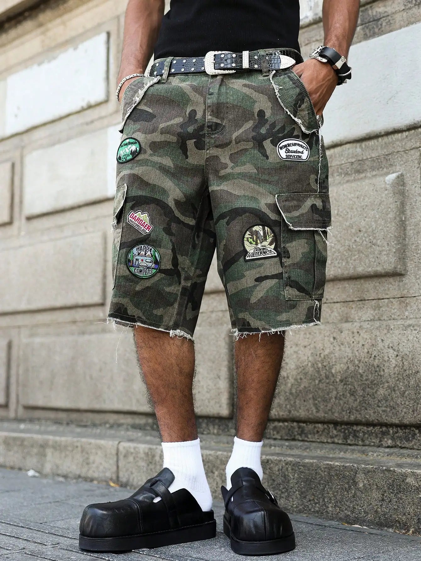 Camouflage Patchwork Denim Shorts