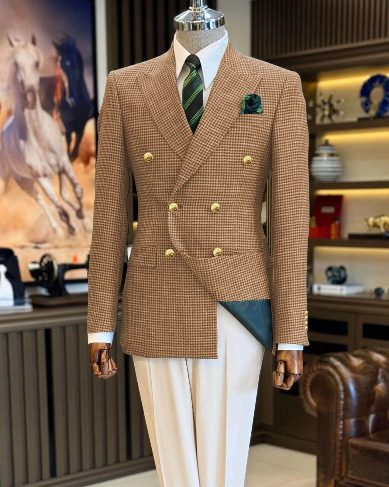 Double Breasted Houndstooth Peak Lapel Blazer