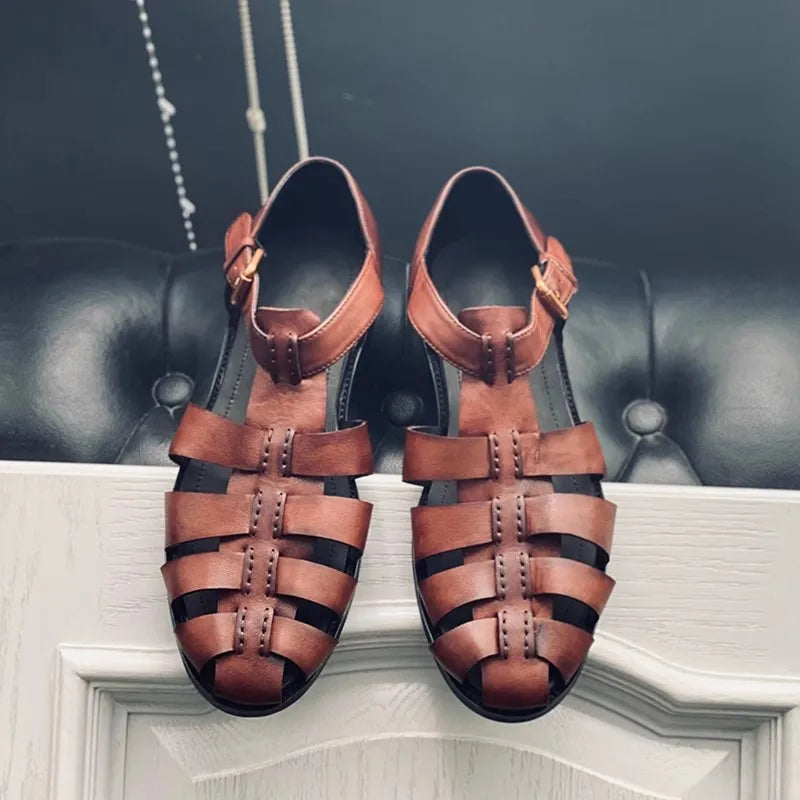 Hollow Genuine Leather Belt Buckle Sandals