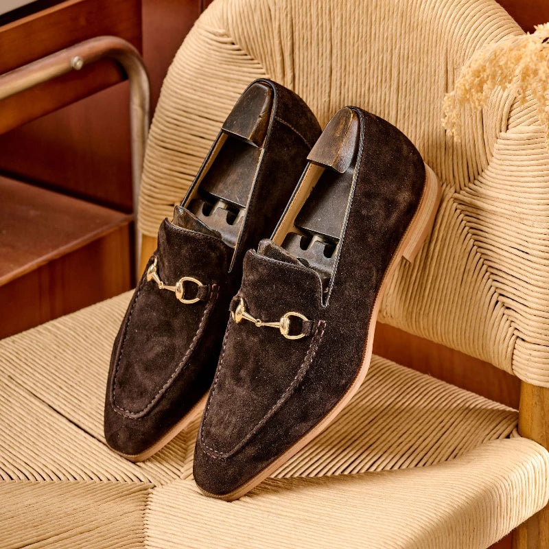 Metal Buckle Appliques Suede Leather Loafers