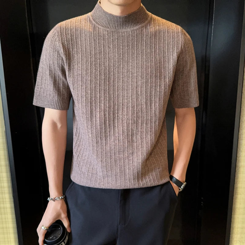 Stripe Textured Mock Neck T-Shirt