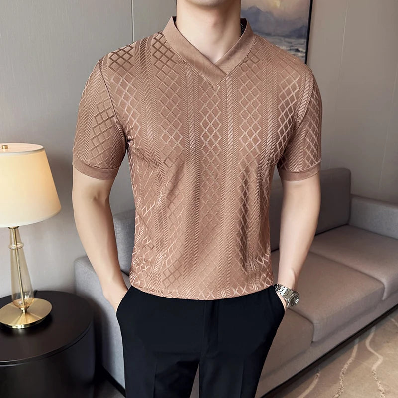 V-Neck Geometric Textured Casual T-Shirt