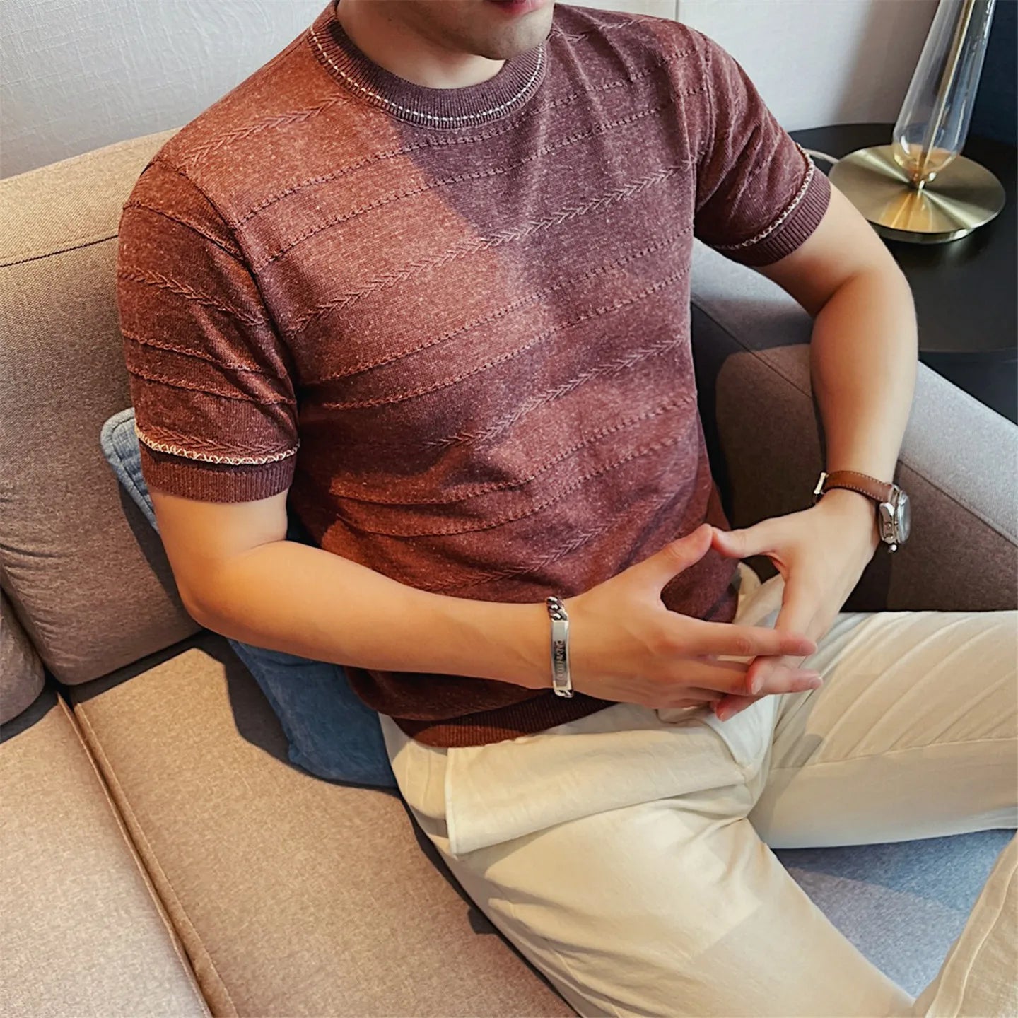 Textured Stripe Pattern Knit T-Shirt