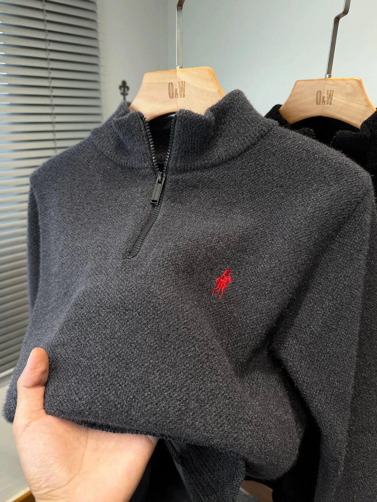 Solid Embroidery Half Zip Stand Collar Sweater