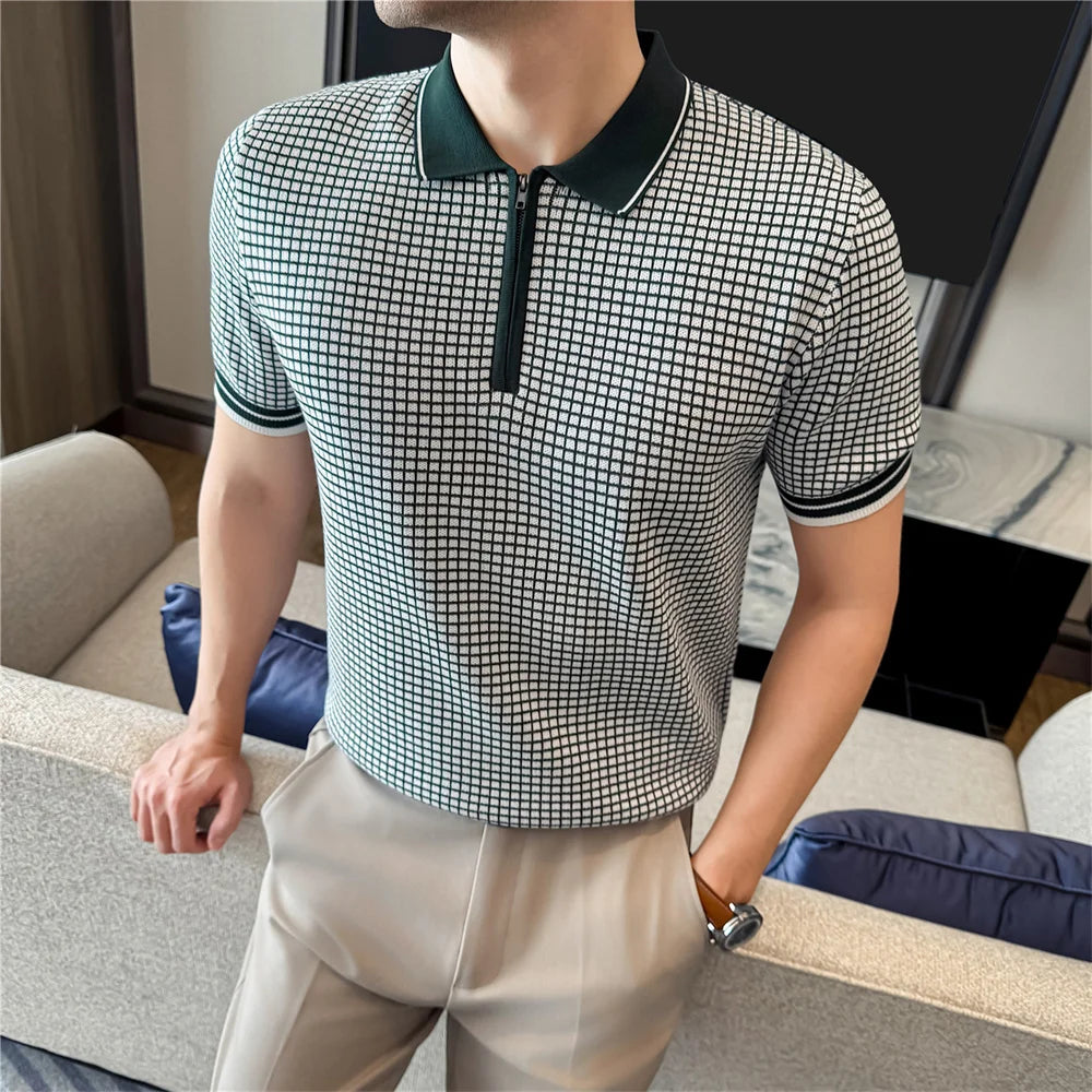 Knitted Checkered Zipper Polo Shirt