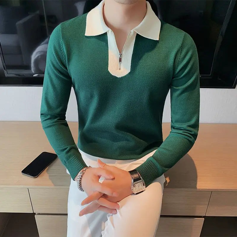 Lapel Half Zipper Long Sleeve Polo Shirt