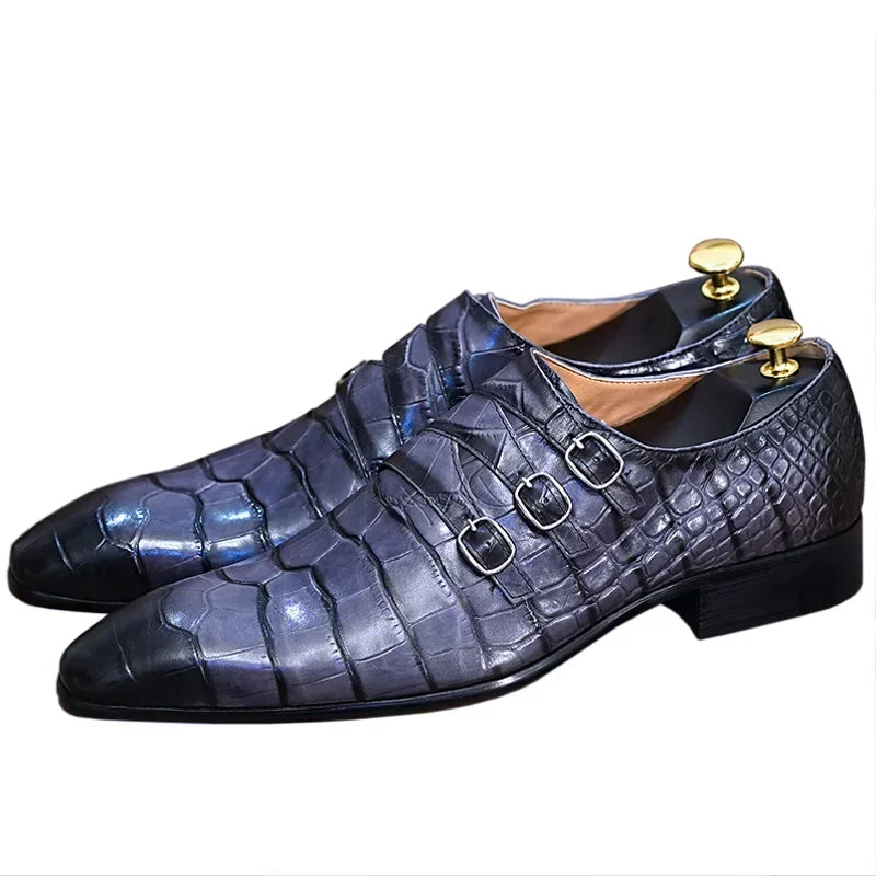 Triple Buckle Monk Strap Leather Shoes