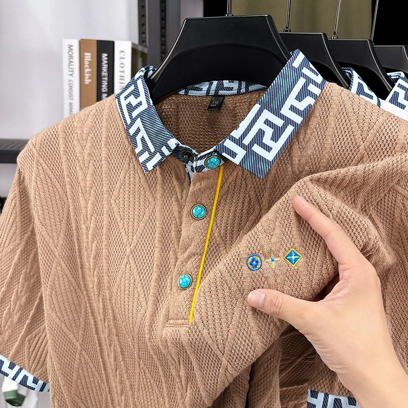 Geometric Collar Cable Knit Polo Shirt