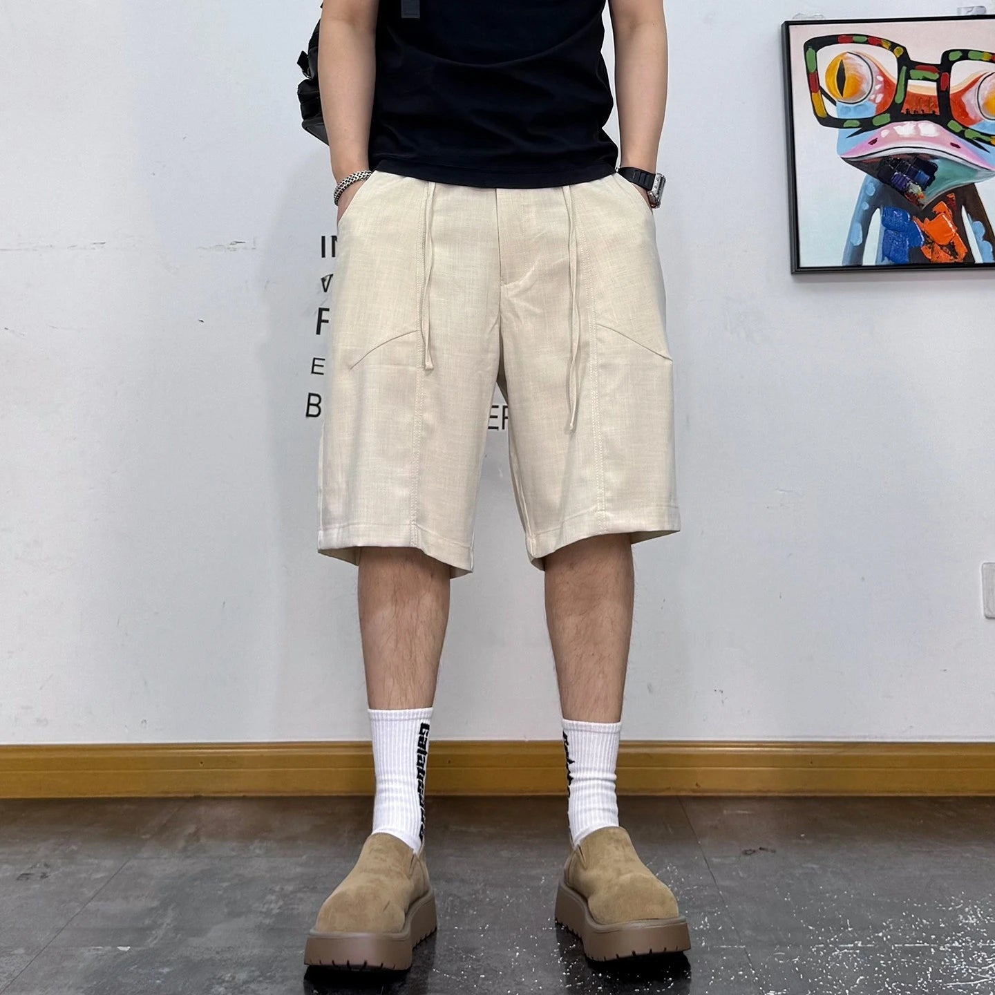 Mid-Length Loose Fit Drawstring Shorts