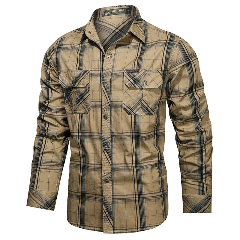Plaid Pattern Cotton Long Sleeve Cargo Shirt