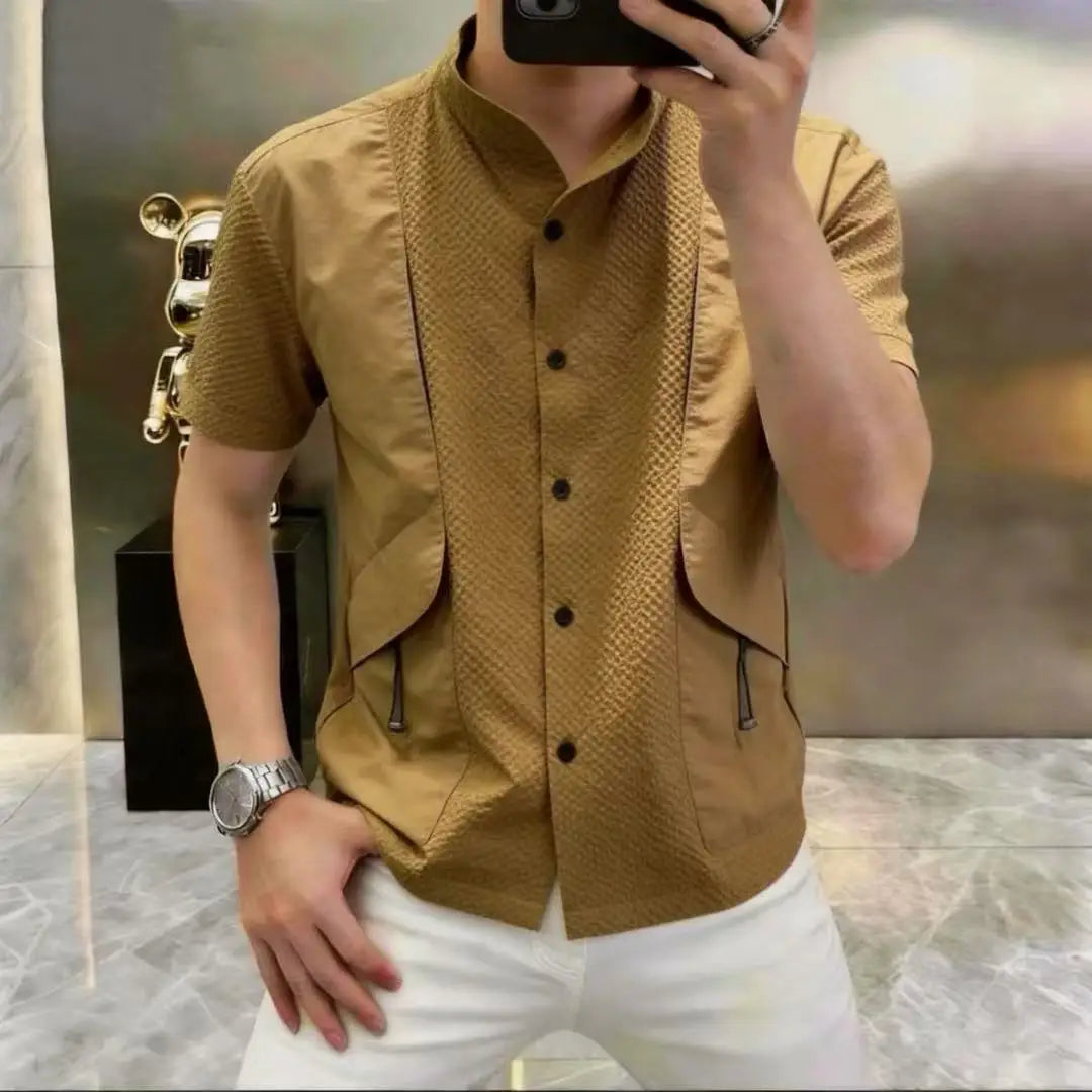 Stand Collar Spliced Short Sleeved Shirt