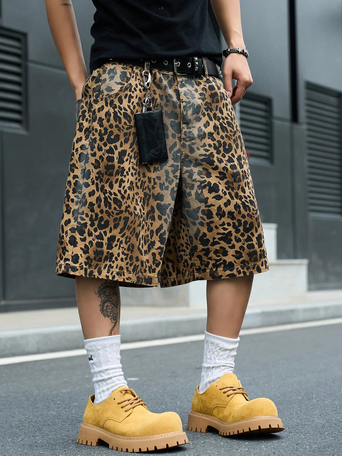 Leopard Print Baggy Denim Shorts