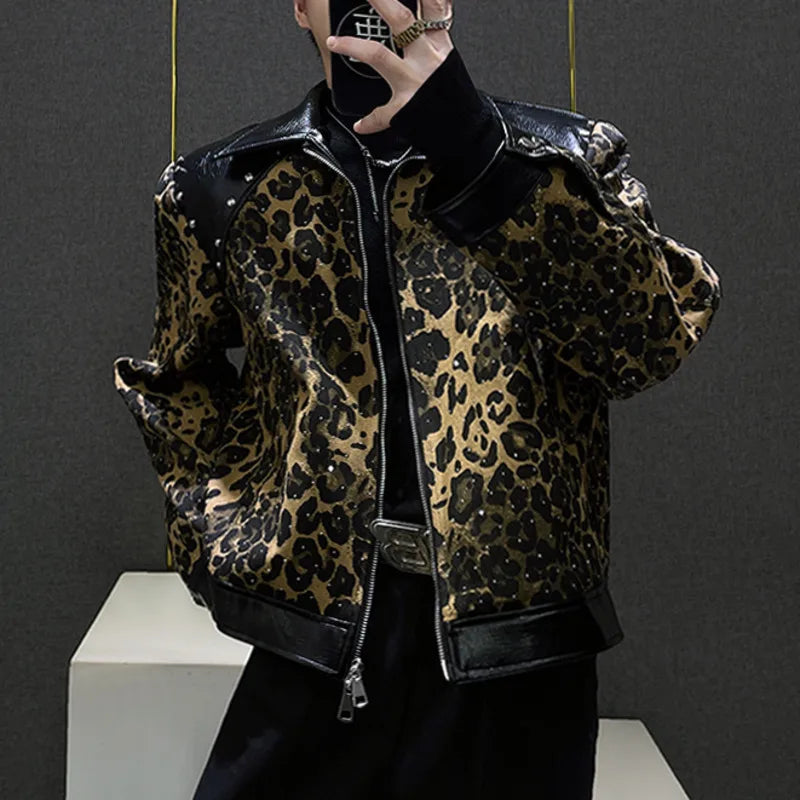 Leopard Rhinestone Spliced Leather Jacket