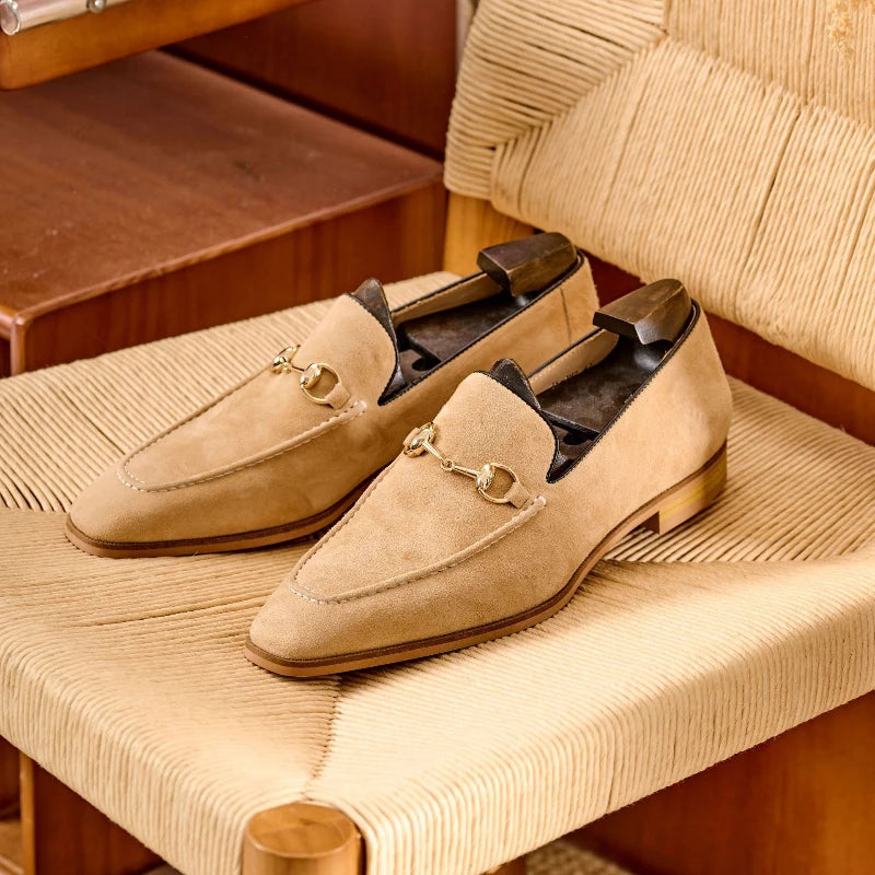 Metal Buckle Appliques Suede Leather Loafers