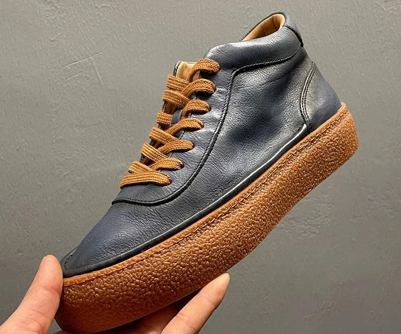 Retro Solid Leather High-Top Sneakers