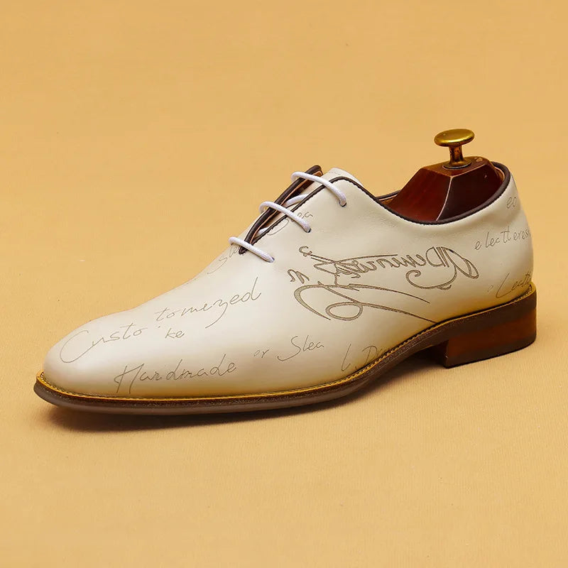 Handwritten Letter Pattern Leather Shoes