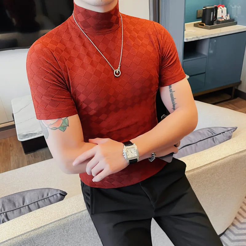 Diamond Textured Mock Neck Knit T-Shirt