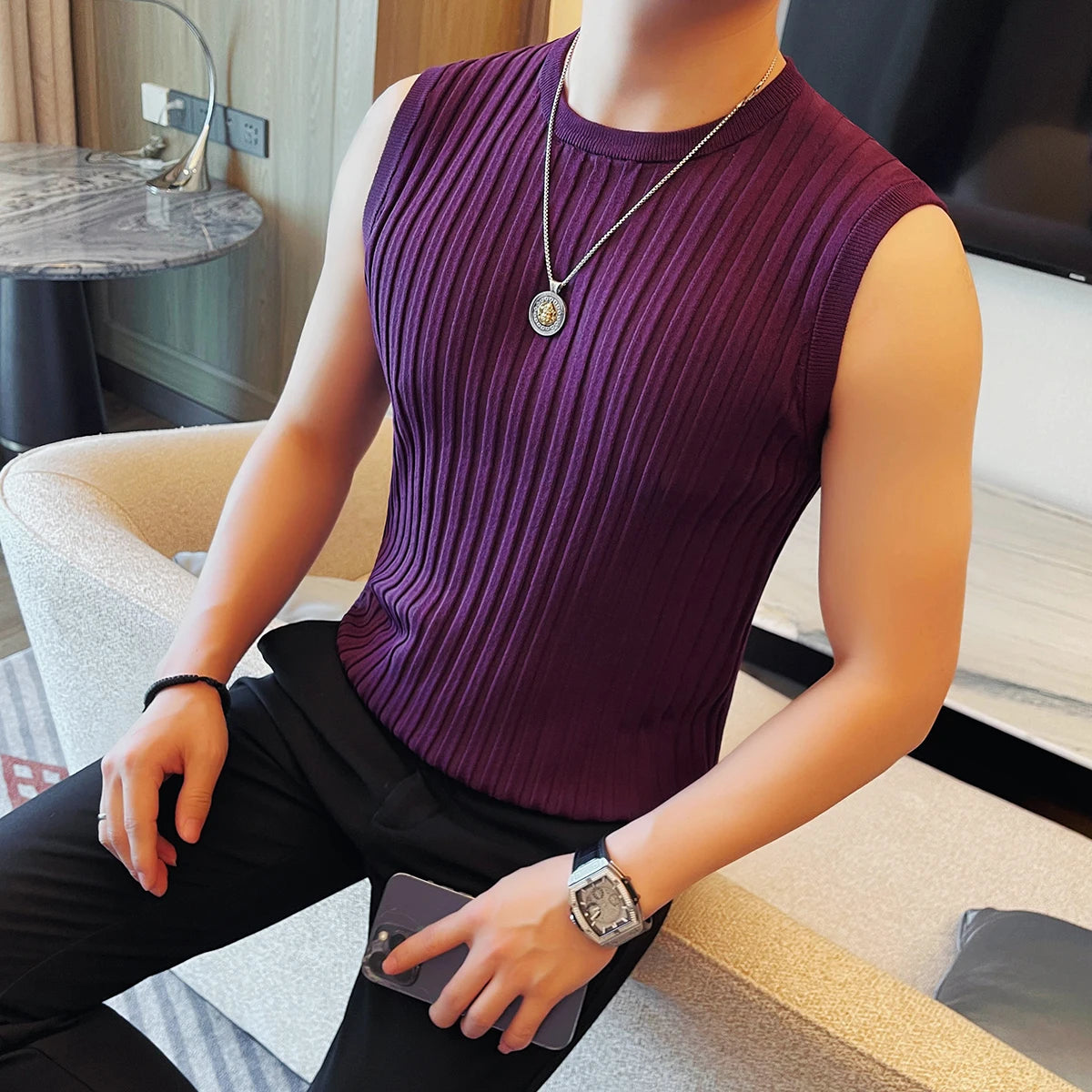 Men's Striped Knitted O-Neck Tank Top