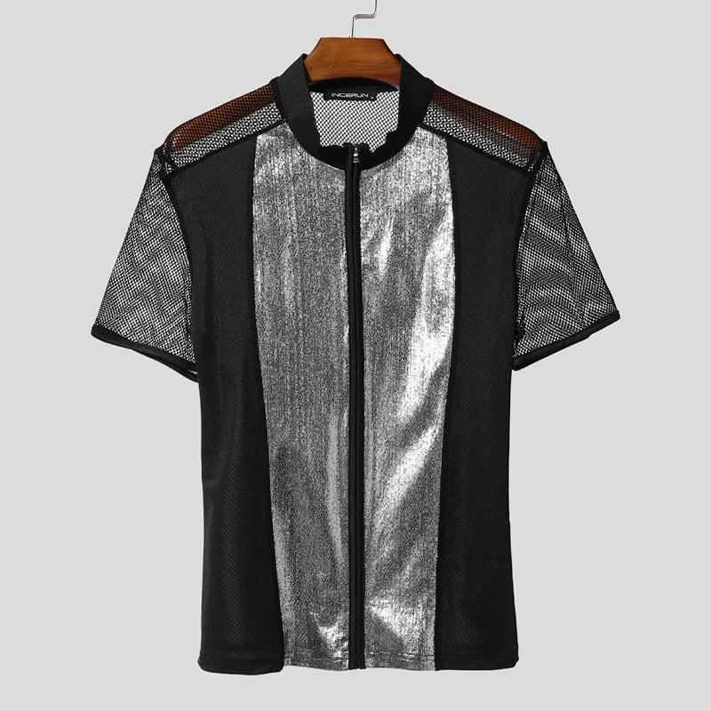 Shiny Mesh Patchwork See Through T-Shirt