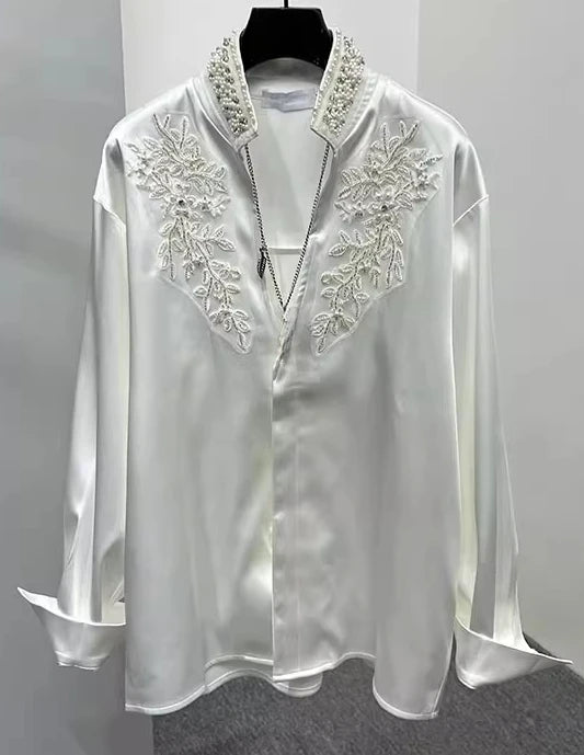 Solid Patchwork Rhinestone V-neck Shirts