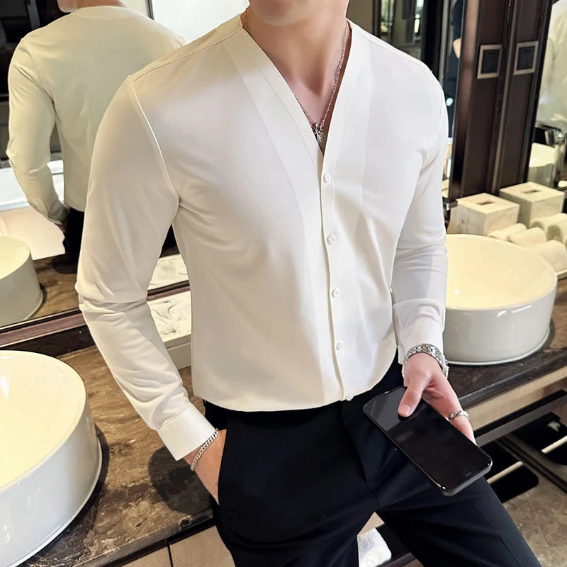 Buttoned V-Neck Long Sleeve Shirt