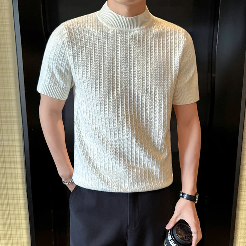 Stripe Textured Mock Neck T-Shirt