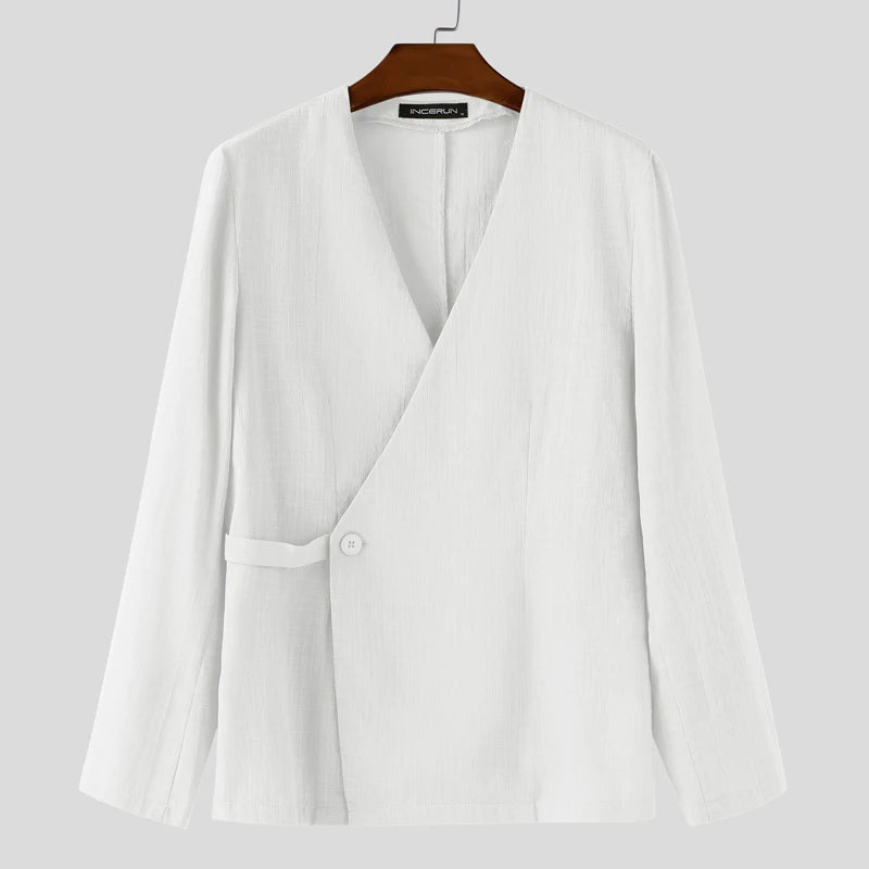 Solid Color V-Neck One-Button Shirt