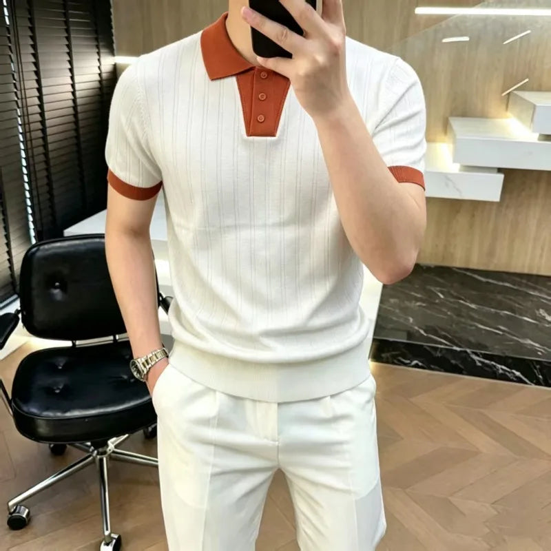 Casual Elegant Splicing Knitted Polo Shirt