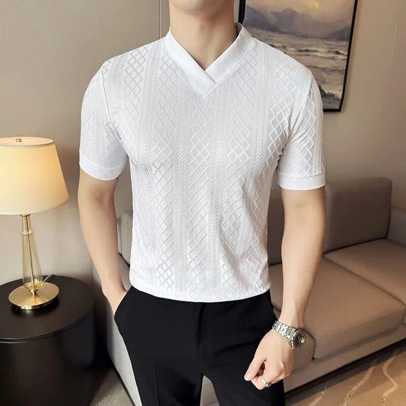 Geometric Fashion Grid V-Neck T-Shirt