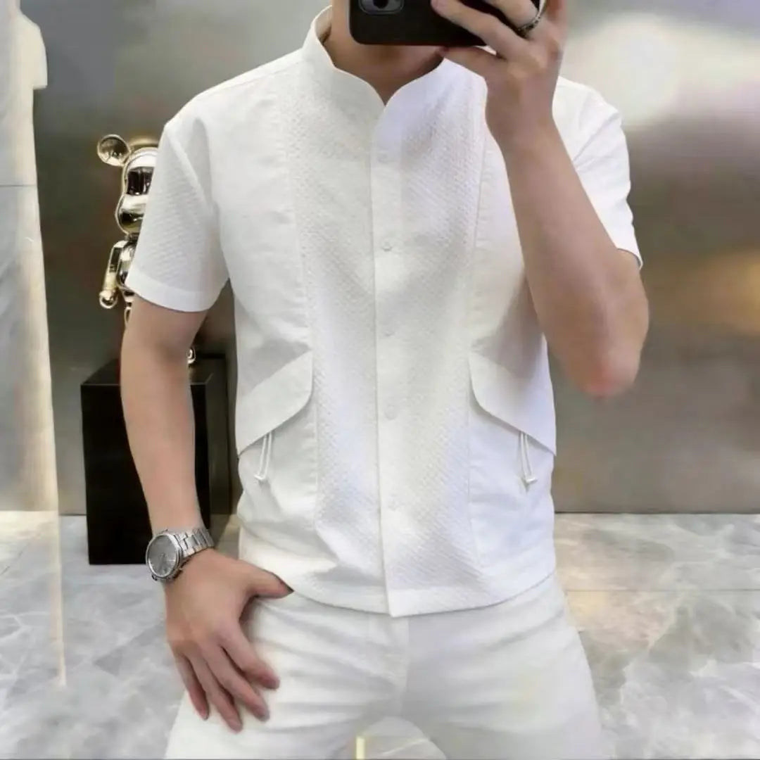 Stand Collar Spliced Short Sleeved Shirt