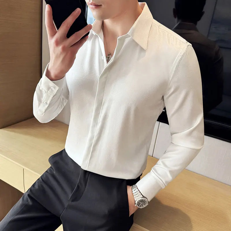 Glossy Plain Color Long Sleeve Men's Shirt