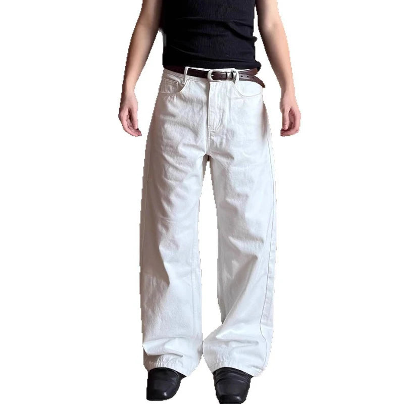White Solid Color Straight Jeans
