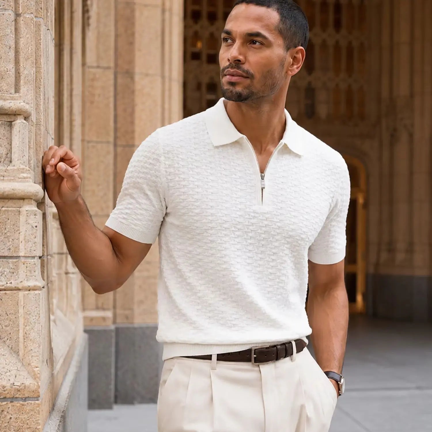 Men's Textured Knitted Zipper Polo Shirt