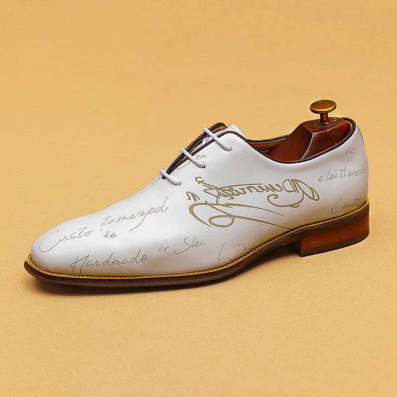 Handwritten Letter Pattern Leather Shoes