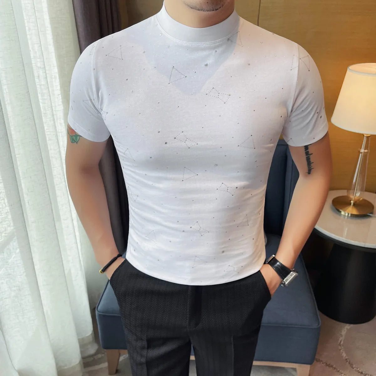 Luminous Stars Pattern Slim-Fit T-Shirt