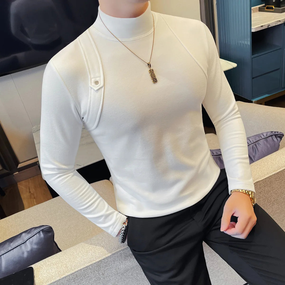 Solid Half High Neck Velvet T-Shirt