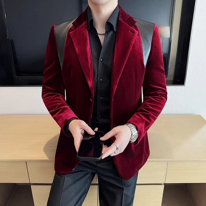 Velvet Leather Splicing Formal Blazer