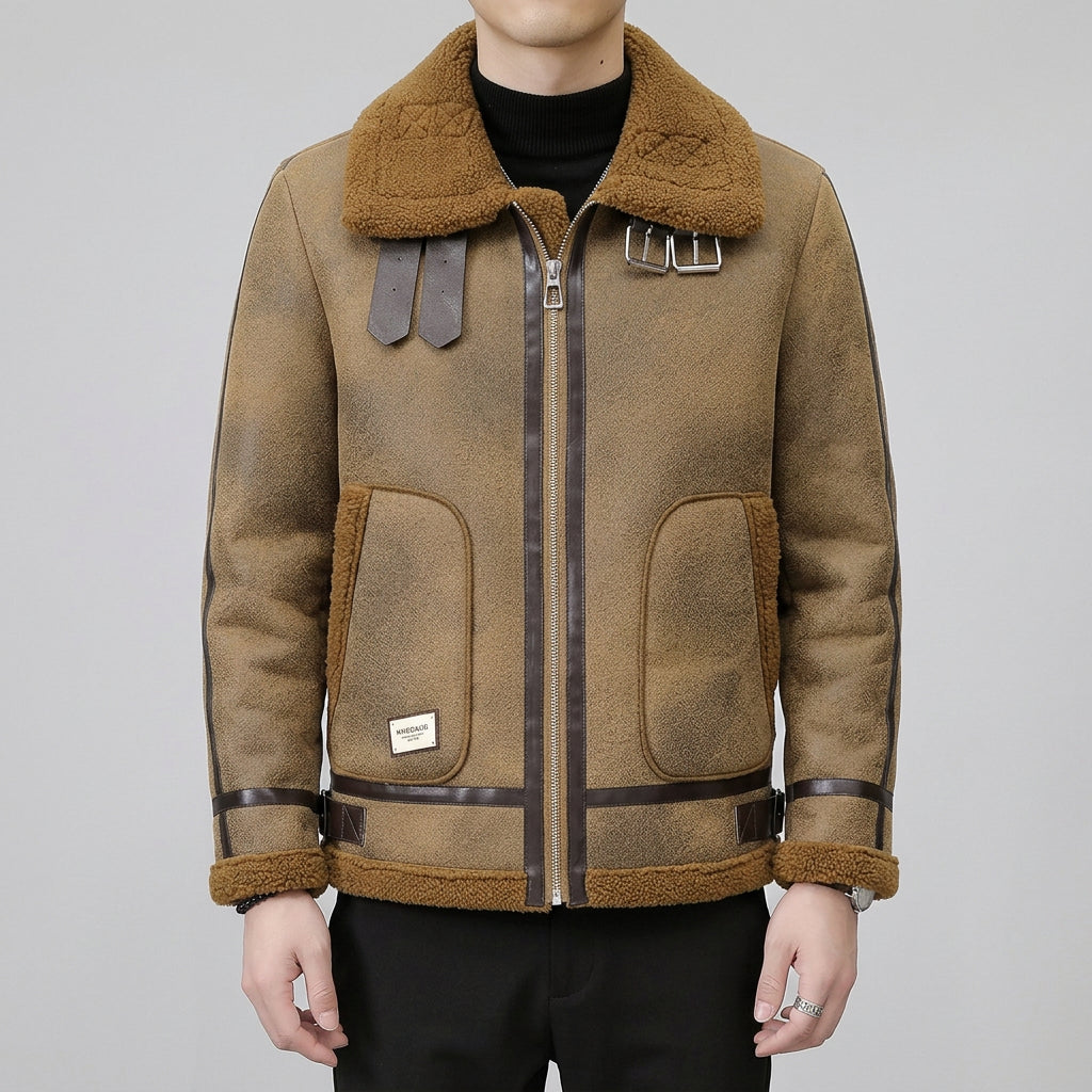 Lines Spliced Faux Fur Pockets Jacket