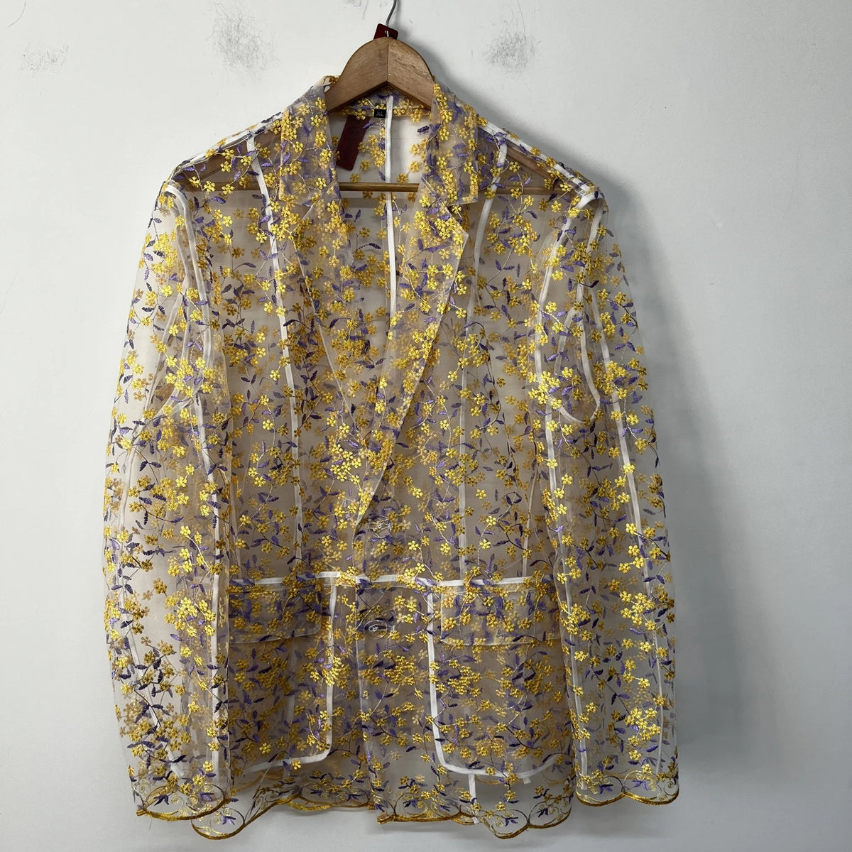 Yellow Purple Floral Embroidered Sheer Blazer
