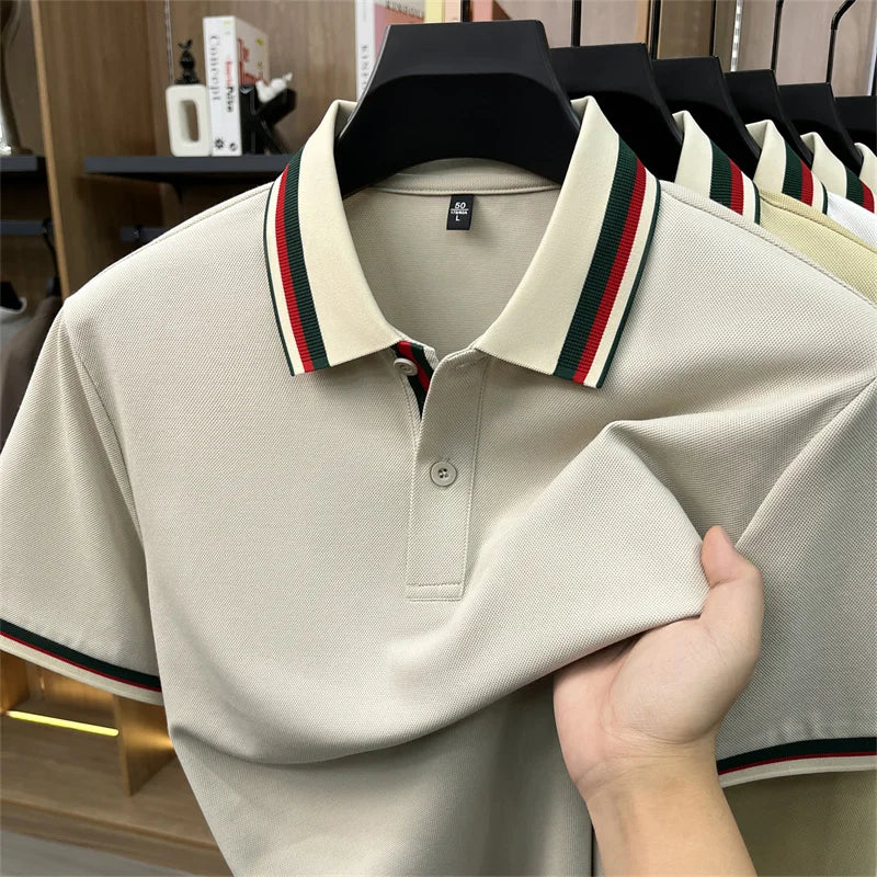 Stripes Color Blocked Lapel Polo Shirt