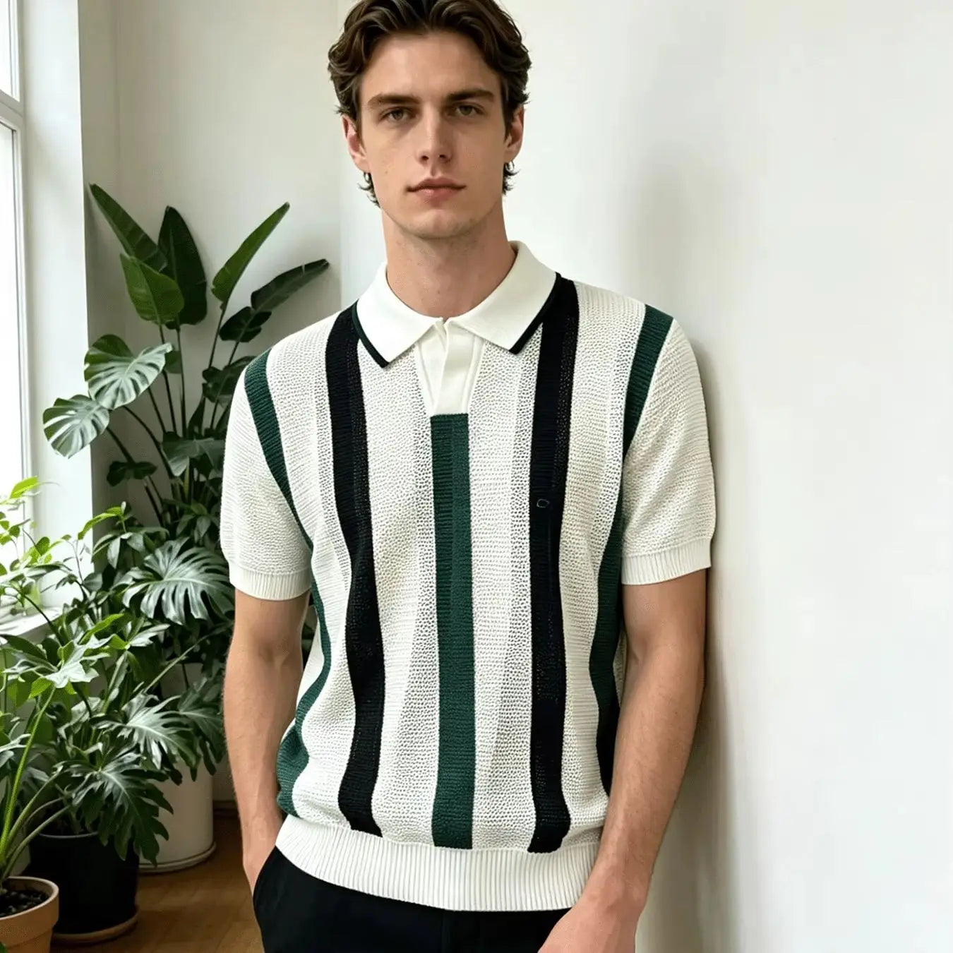 Vertical Stripe Knitted Polo Shirt
