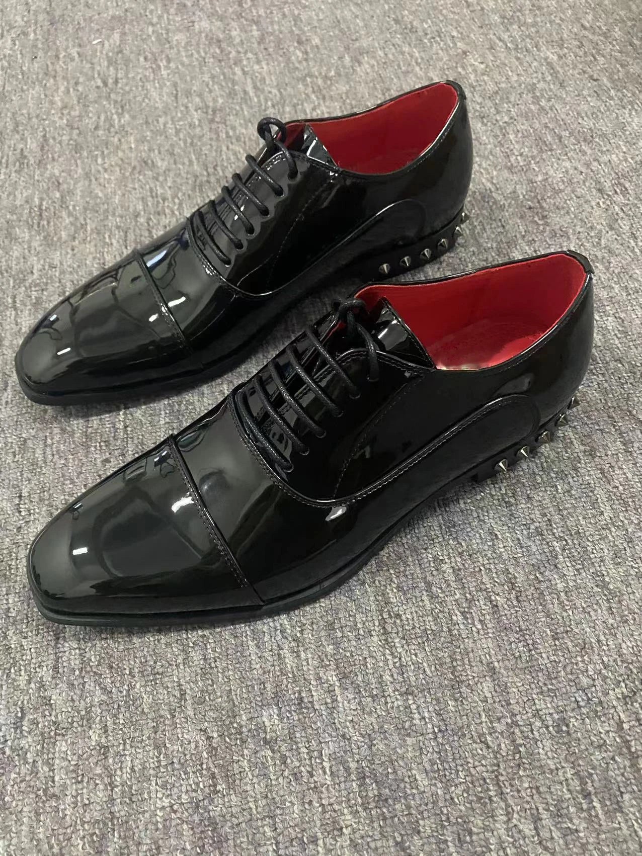 Shiny Black Genuine Leather Rivet Shoes