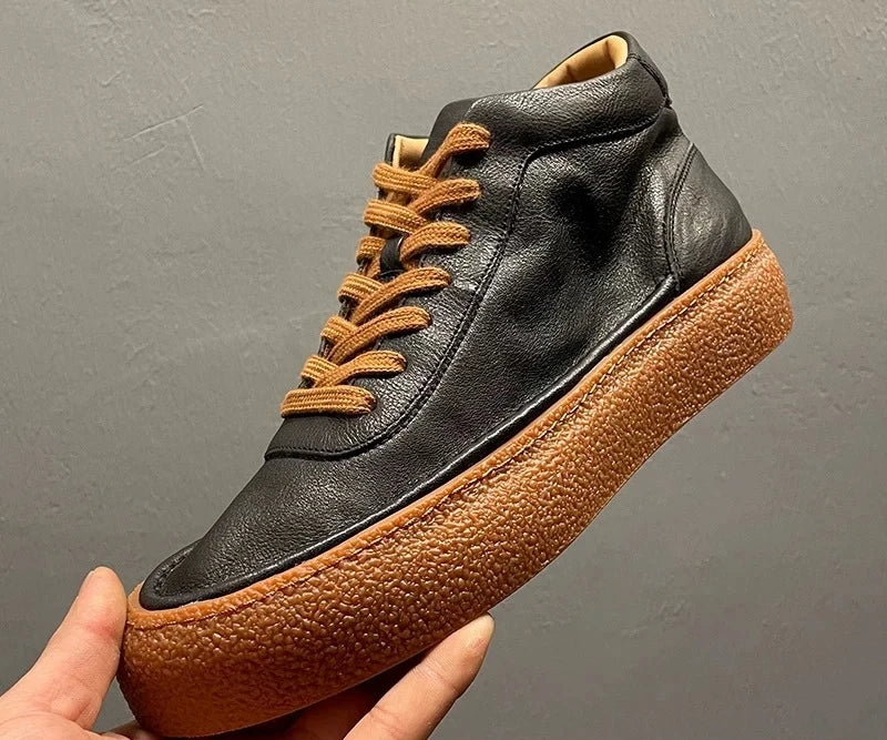 Retro Solid Leather High-Top Sneakers